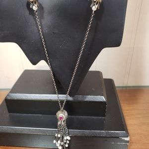 Sterling Silver Tulip Station Necklace with Tulip Pendant Faux Ruby Pearl